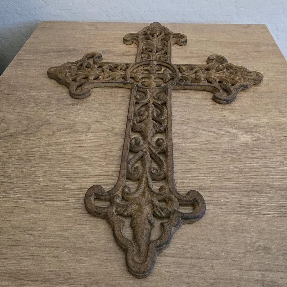 Cast Iron Hanging Cross Scrollwork Rustic Brown Finish Religious Heavy - Picture 8 of 10